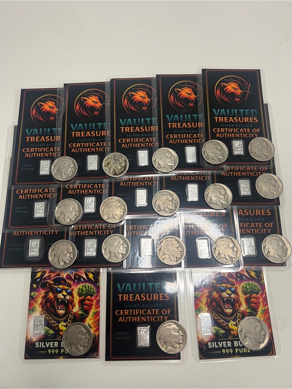 18 Silver Bullion Bars with 18 Buffalo Coins
